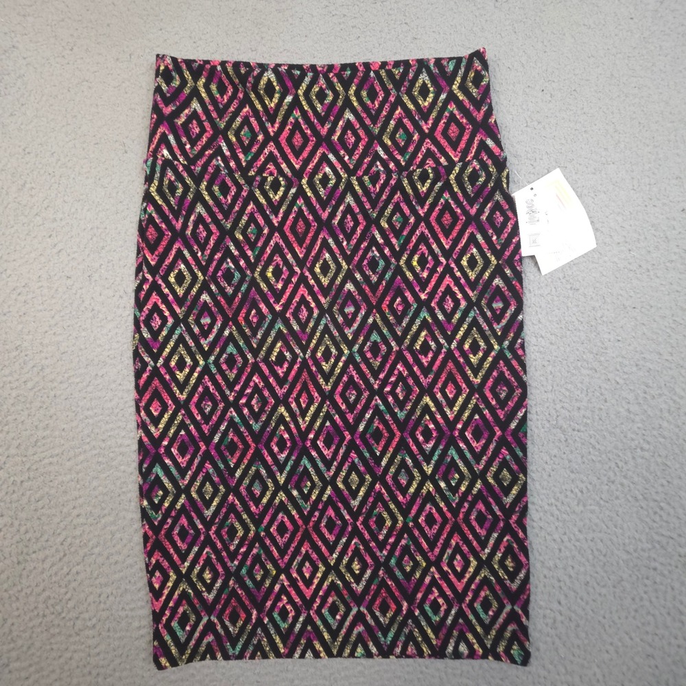 LuLaRoe Cassie Pencil Skirt XS Black Pink Yellow‎ Geometric Diamond Print NWT